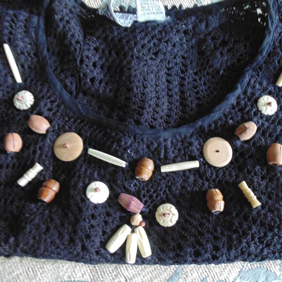 Vtg 80s Speed Limit Black Crochet Knit Crop Top Fringe Cami Button Embellished M - Picture 2 of 4